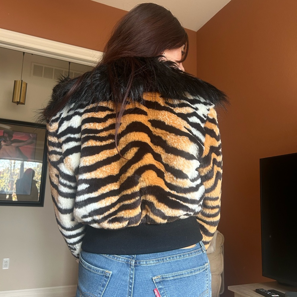 Adrienne Landau Tiger Print Teddy Jacket with Black Collar
